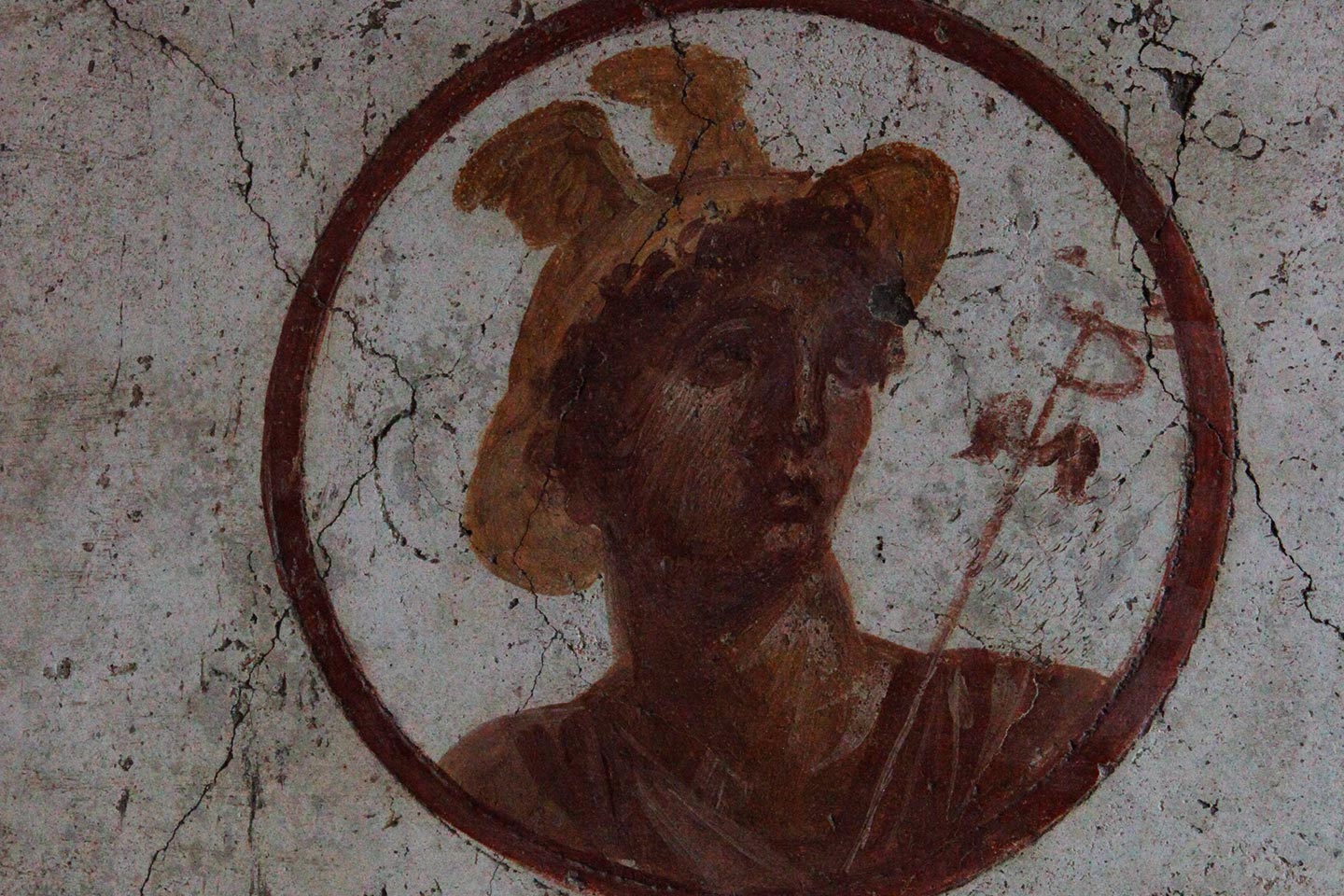 Hermes Fresko in einem Cubiculum in Pompeji